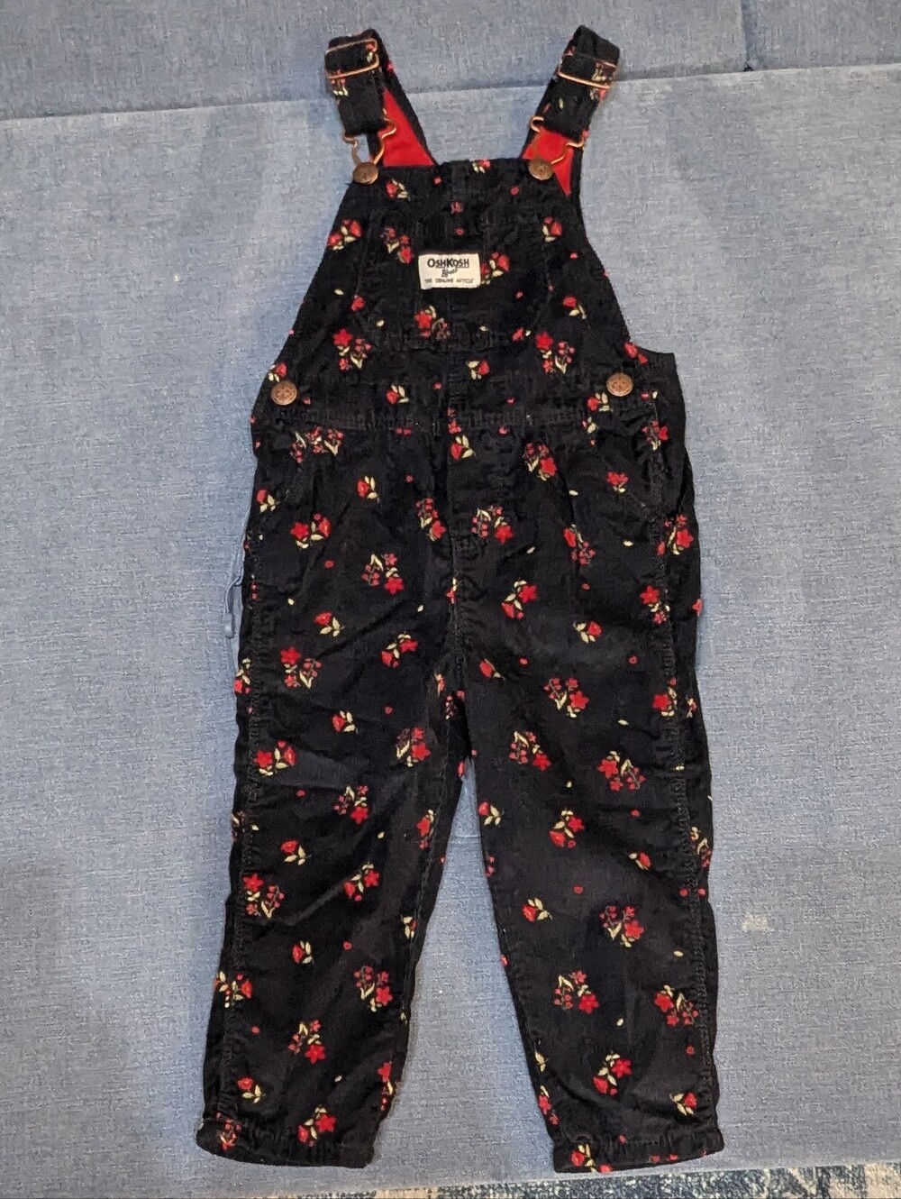 OshKosh B'gosh Black Corduroy Floral Overalls with Red Accents